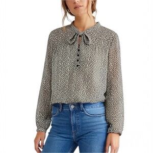 Loft Womens Blouse Sz Small Button Tied Front Pleated Boho Neutral Bohemian